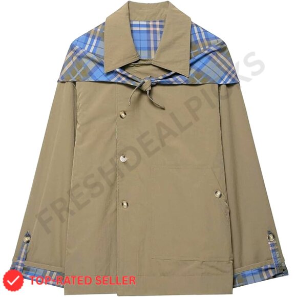 Reversible Cropped Trench Coat Oversized Plaid Shawl Collar Vintage Chic